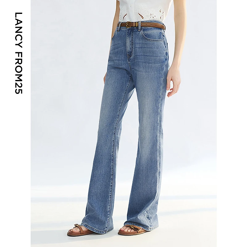 【2025新品 特价】朗姿2025年夏季新薄款款微喇高级感牛仔裤蓝色