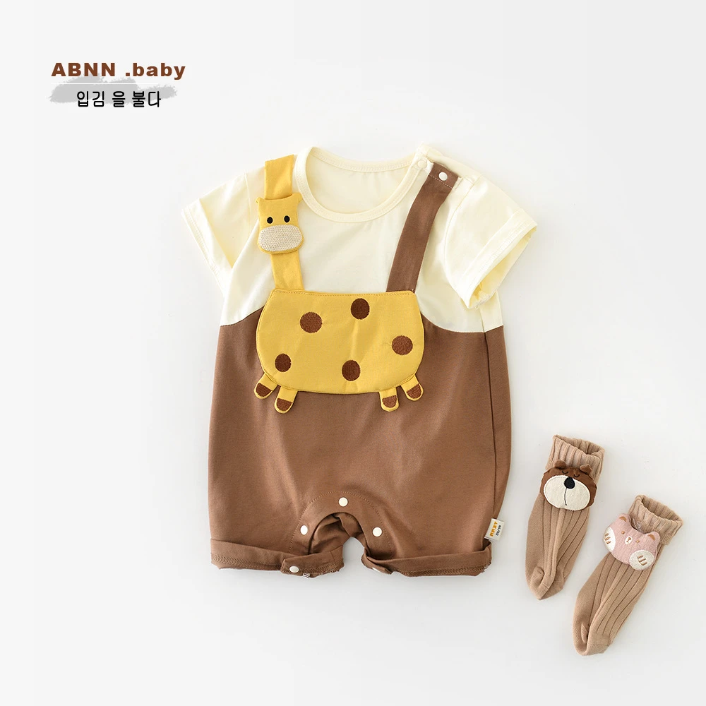 abnn夏季新款男童假两件短袖连身衣新生儿卡通长颈鹿爬服连体衣