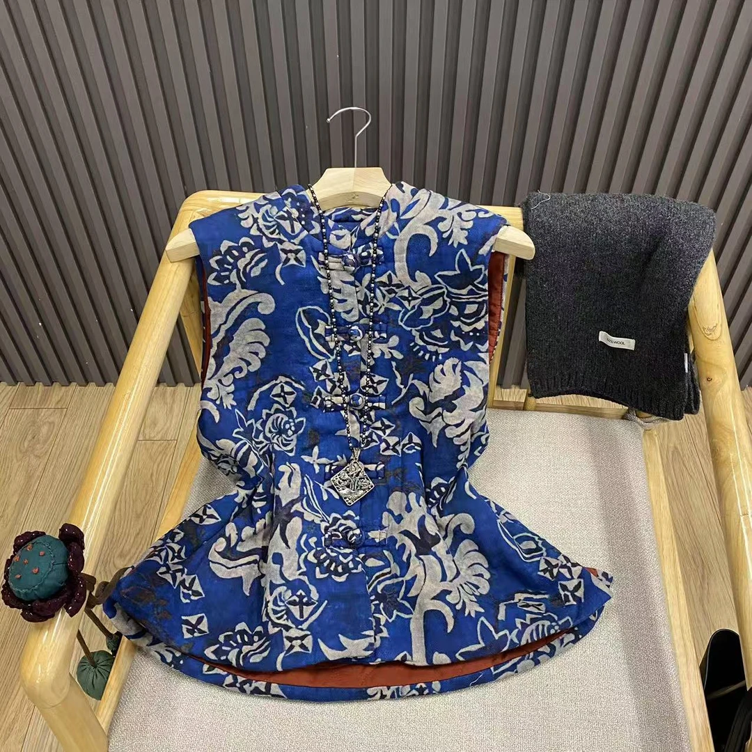 秋季复古新中式印花夹棉马甲立领盘扣文艺百搭无袖背心女W8078-1