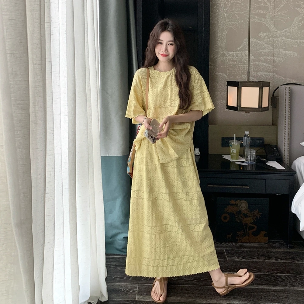 黄色慵懒风蕾丝拼接时尚套装裙女2025夏法式短袖上衣半身裙两件套