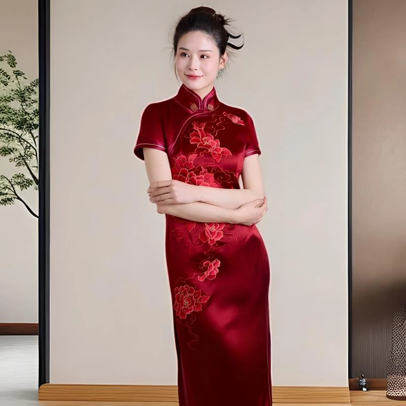 格格醋酸缎高端婚宴气质绣花修身新娘长礼服连衣裙G63AD021021