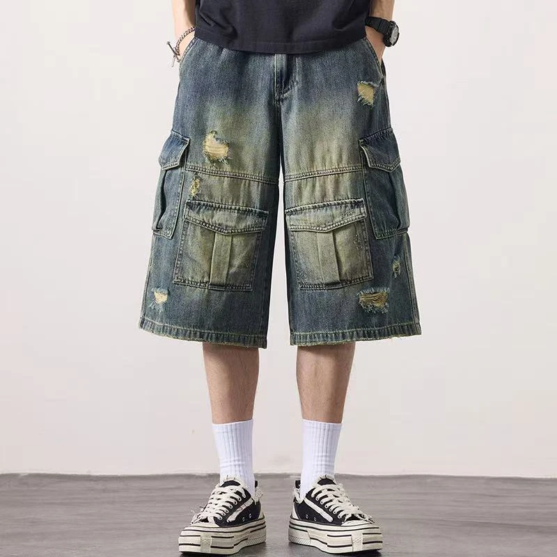 ins潮牌复古大牛阔腿7分牛仔裤宽松显瘦直筒工装牛仔中裤男短裤