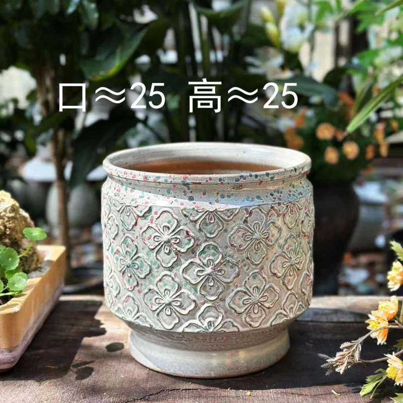 宜兴粗陶花盆 大口径落地浮雕花 繁花似锦大号花盆1个