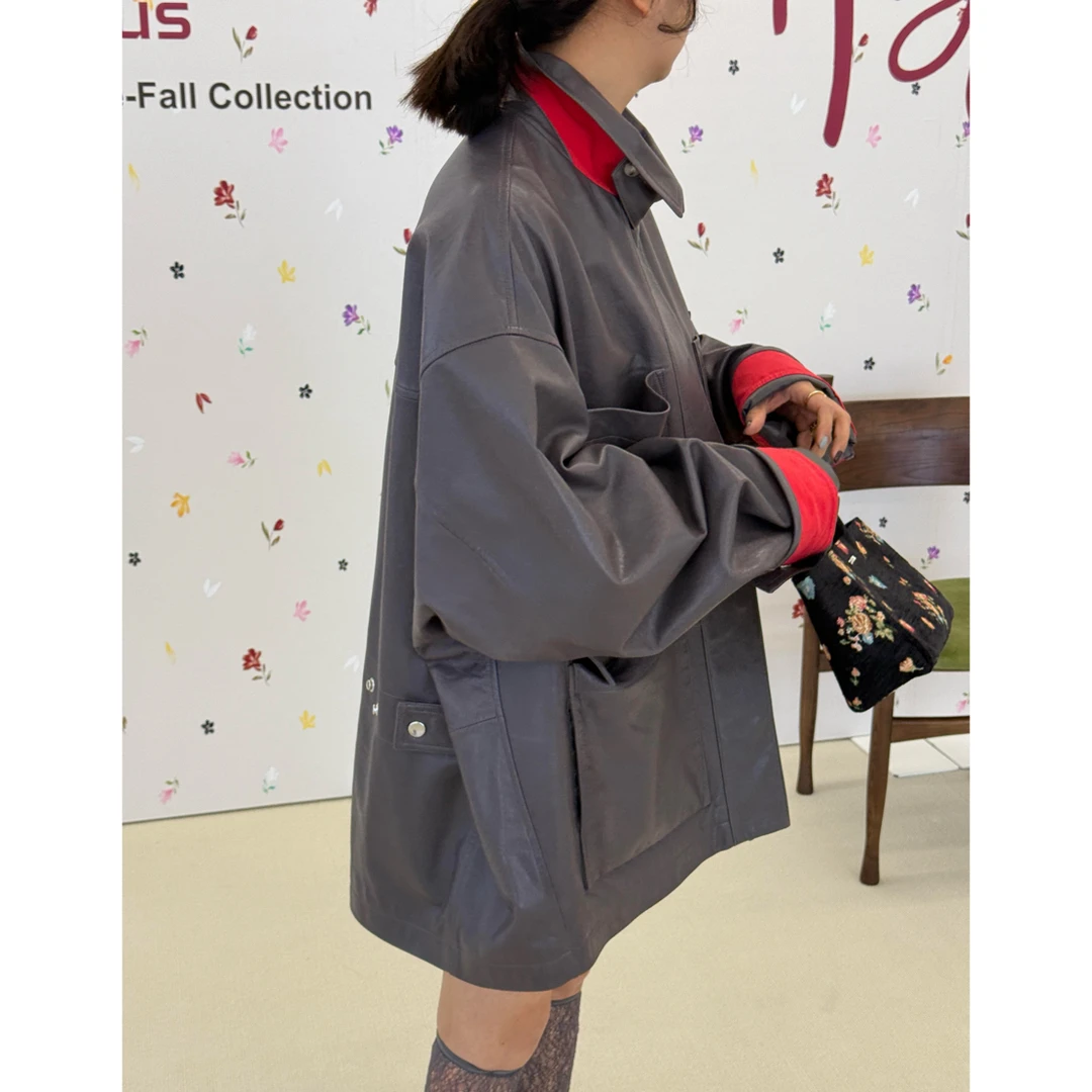 现货秒发【现货】设计师品牌AS 25秋冬新款撞色皮外套复古休闲
