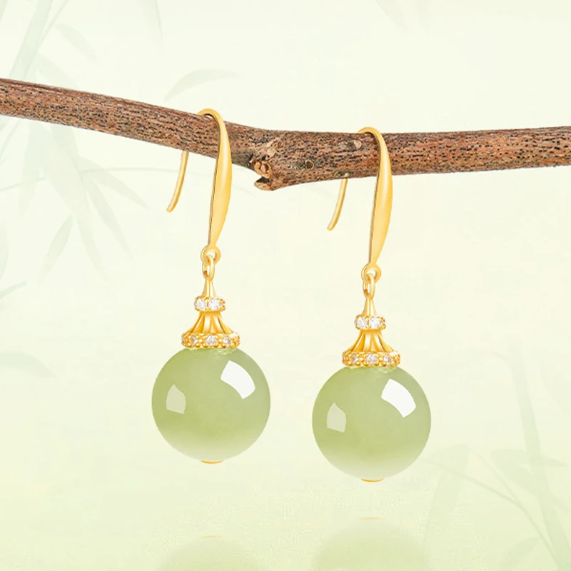 正品S925银镶天然和田玉圆珠玉石耳环时尚简约女款耳坠耳饰