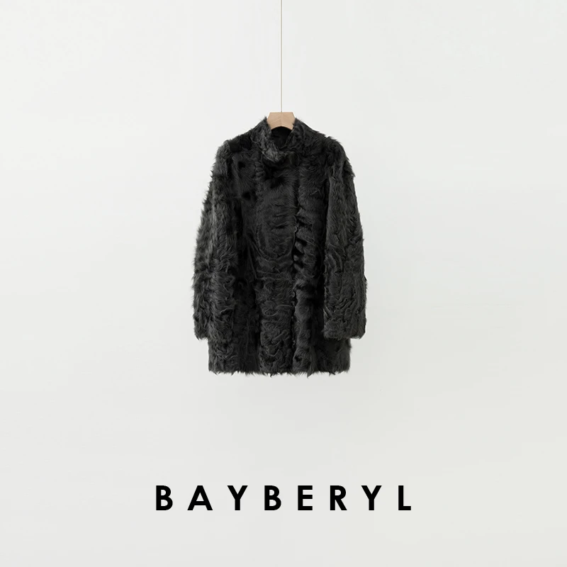 BAYBERYL老贝阿斯顿*湖羊两面穿棕圆领排扣一体皮衣PY4I1226