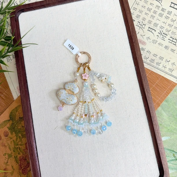 【1839】宋锦白葫芦定胜流苏挂件新中式国风手机链