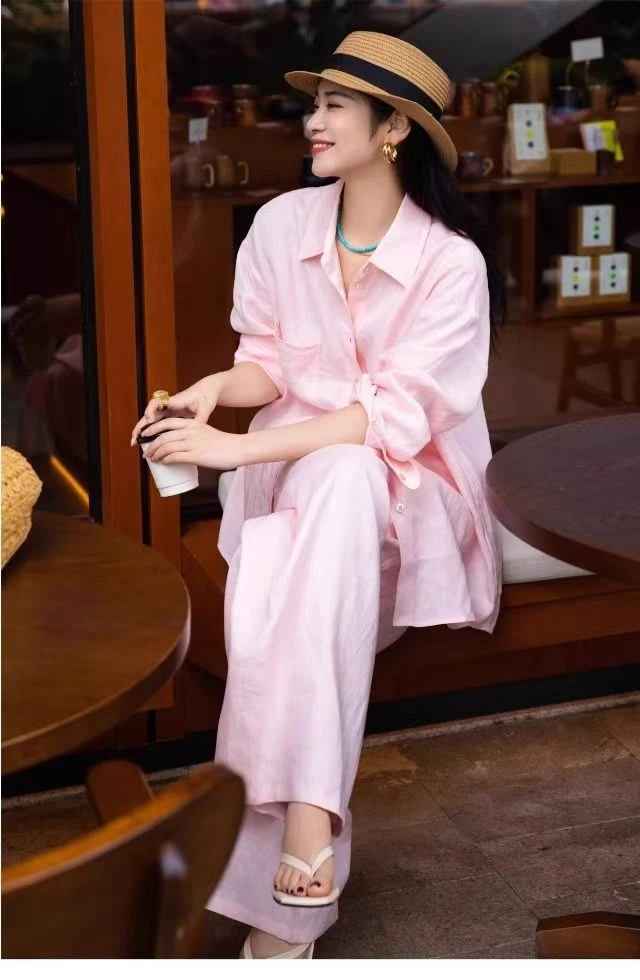 亚麻极简姐姐风松宽松弛慵懒感套装宽松休闲衬衫休闲短裤长裤套装