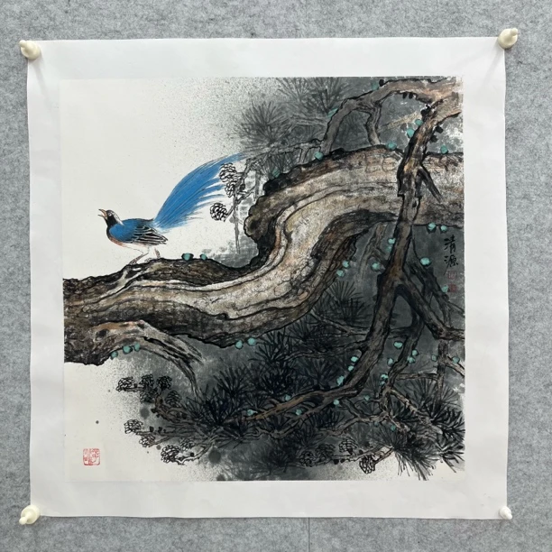纯手绘国画花鸟兼工带写松树蓝鹊四尺斗方68*68cm客厅挂画