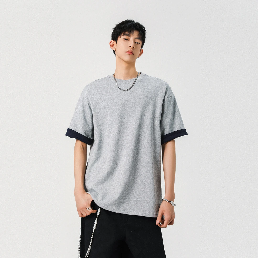 810新款宽松短袖T恤男士撞色纯棉重磅夏季美式街头高级感五分半袖