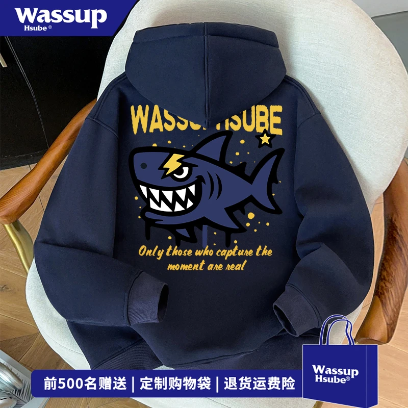 WASSUP HSUBE嘻哈风个性鲨鱼印花开衫卫衣男秋冬撞色百搭连帽外套