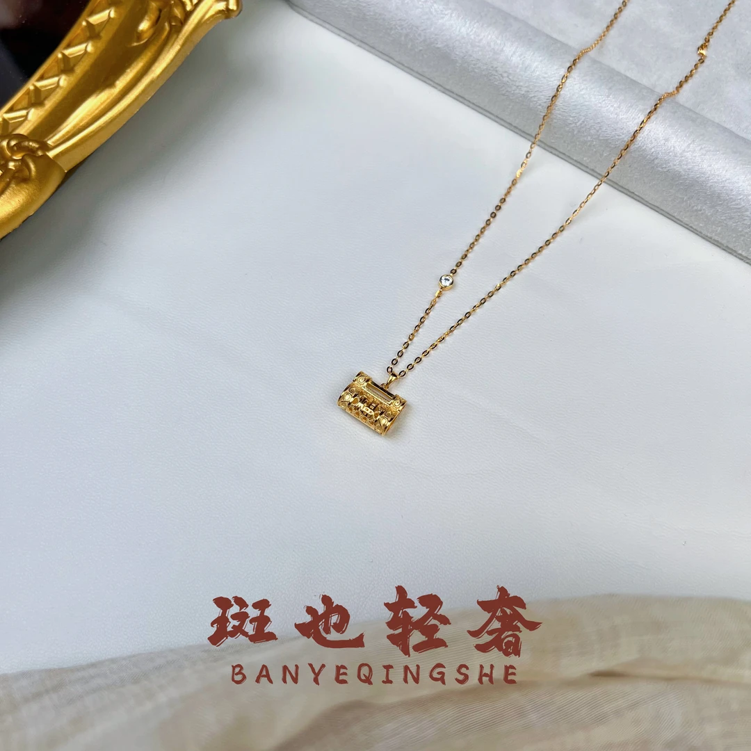 坠链均925银 【斑也正品】金色财锁福字锁项链 链子加钻设计