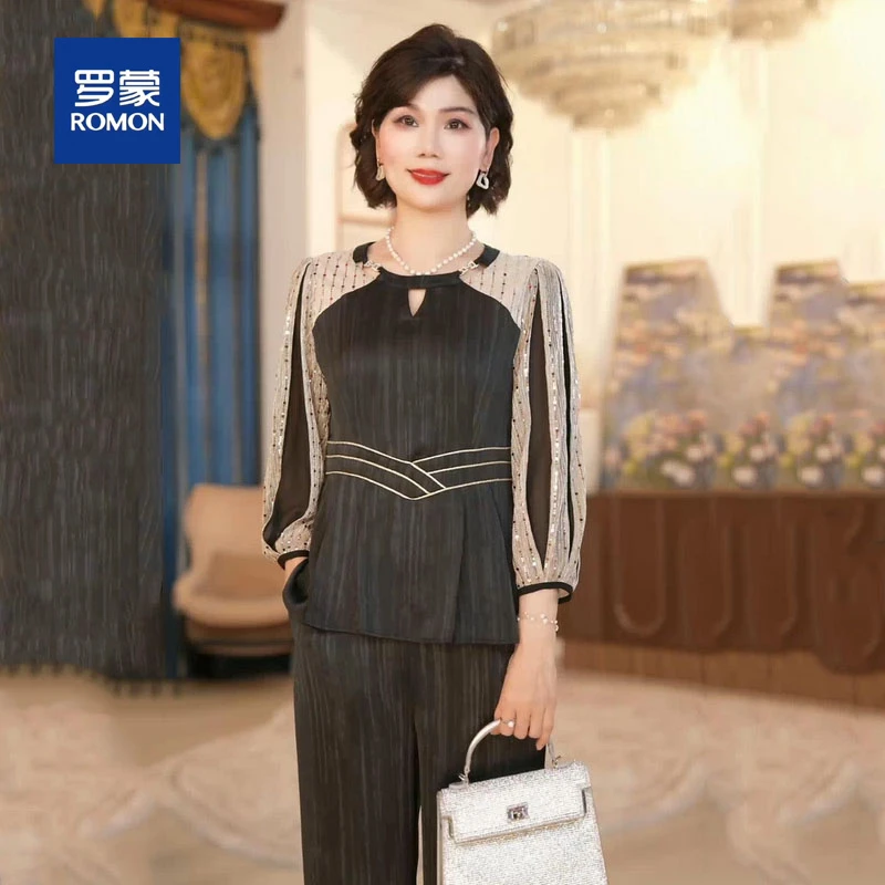 罗蒙妈妈春装时尚套装女2025新款洋气中老年女秋装休闲两件套衣服