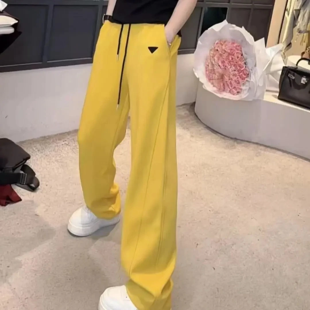 春夏新款百搭纯色直筒裤显瘦运动高腰时尚休闲抽绳设计感薄H7588