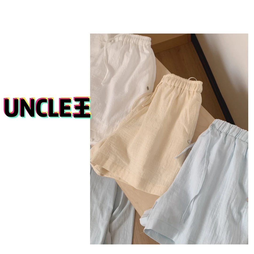 1770短裤透气女士白色阔腿休闲短裤复古休闲裤抽绳