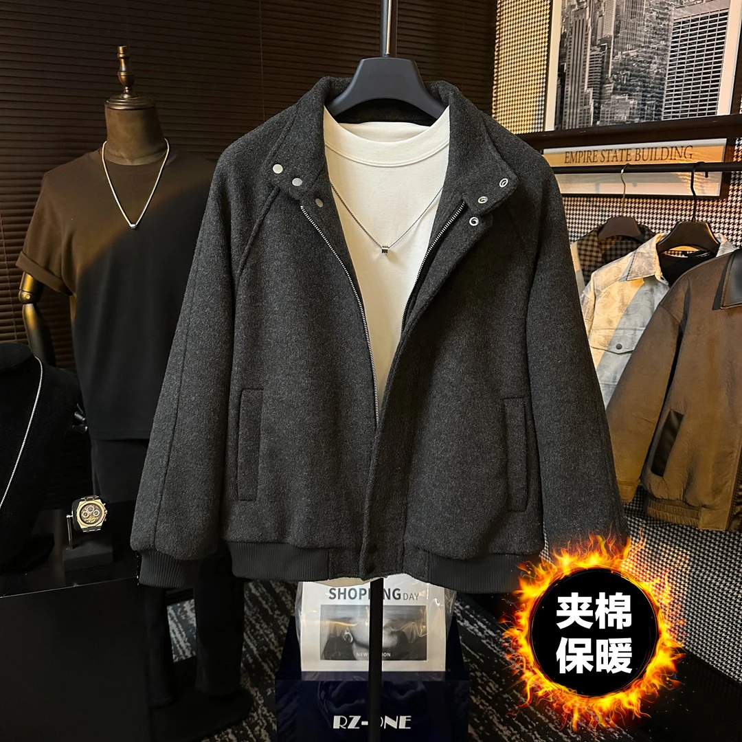 【BJ】男士冬季高定设计休闲简约可立翻领羊毛夹棉加厚保暖夹克外套