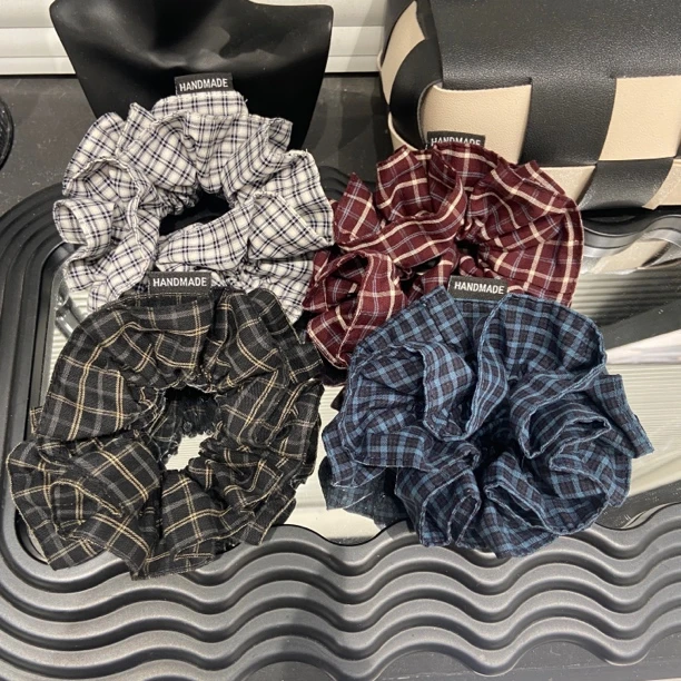 E4665 美拉德风格子双层大肠发圈低马尾丸子头花扎头绳橡皮筋发绳