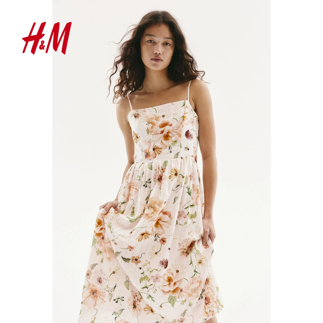 HM女装连衣裙夏季 新款修身流光风透气亚麻中长吊带裙1217048