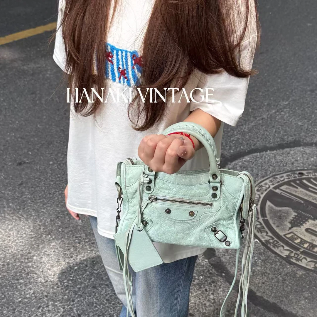 95新 Balenciaga/巴黎世家 花绮中古/薄荷绿mini city机车单肩包