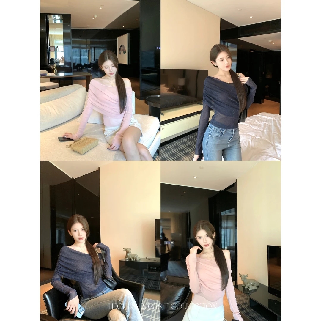 【禾呈】秋季斜肩通勤修身网纱细闪时尚休闲秋季气质上衣10613