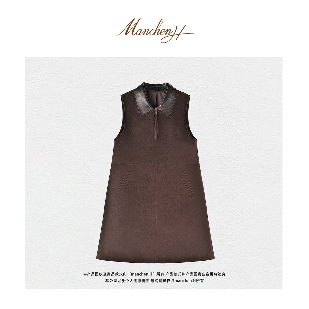 manchenh"温莎舞会"土耳其进口绒面小羊皮重工翻领拉链无袖皮裙