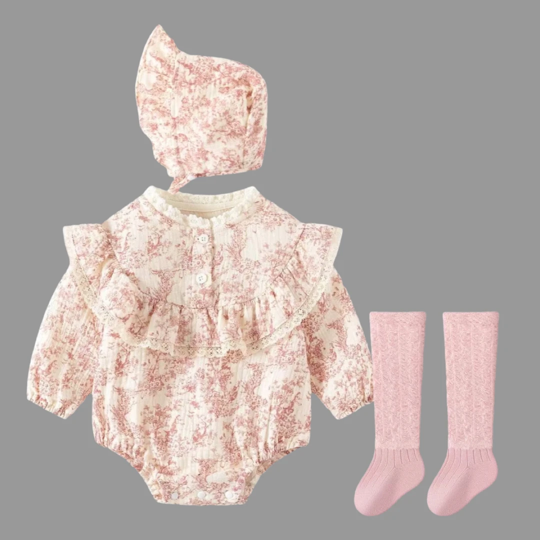 婴儿春秋包屁衣满月百天新生儿三角哈衣女宝宝粉色碎花长袖连体衣