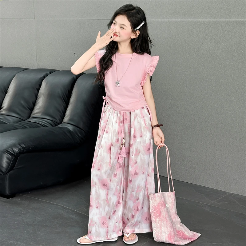 女童夏季套装2025新款洋气中大童小飞袖上衣夏装儿童阔腿裤两件套