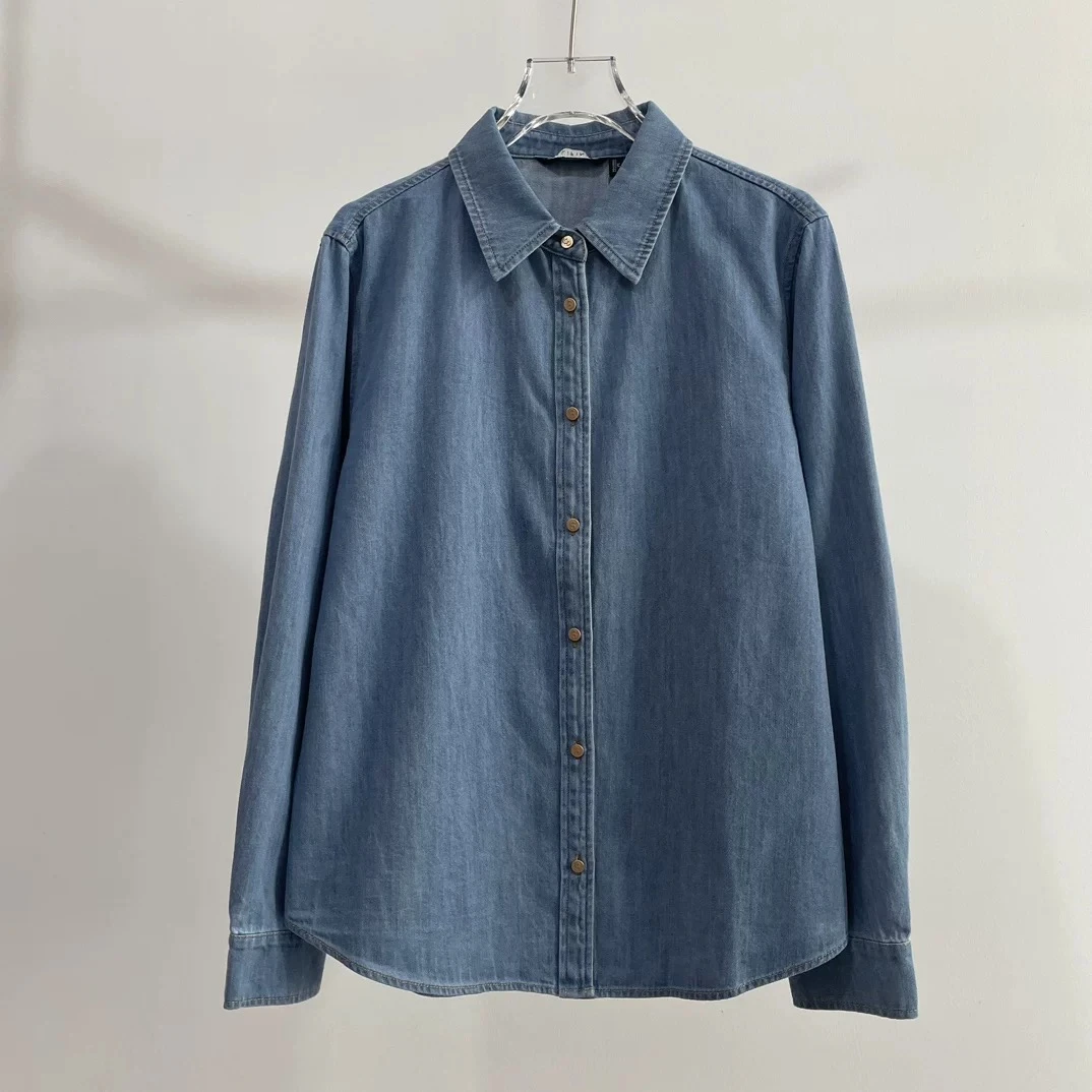 1101纯色牛仔衬衫女韩版宽松长袖翻领打底水洗牛仔衬衣女