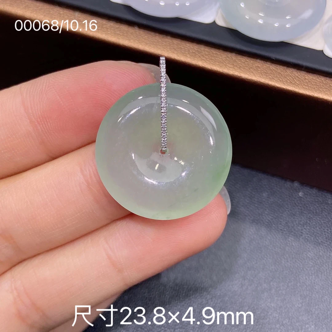 天然缅甸A货翡翠冰满甜绿18k金镶嵌飘花平安扣吊坠百搭素雅女款Z