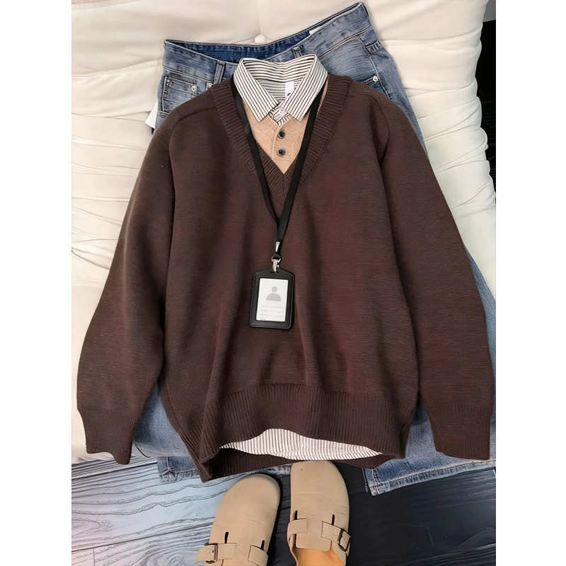 咖色美式假两件v领毛衣男款秋冬慵懒风美拉德针织衫内搭打底上衣