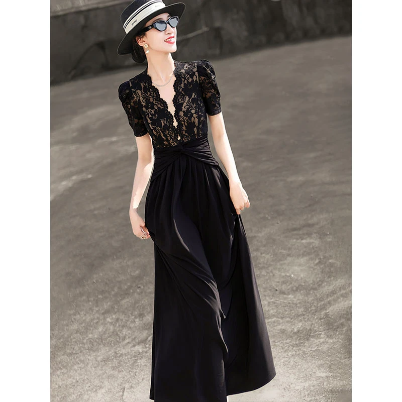 MEXCOCO/兰瑟儿夏季新款气质优雅蕾丝拼接黑色连衣裙215XL2424