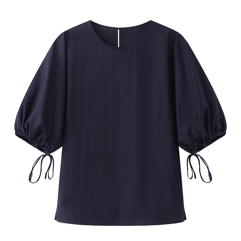 5017艾家女装2025年夏季新款时尚百搭圆领系带泡泡袖衬衫上衣女