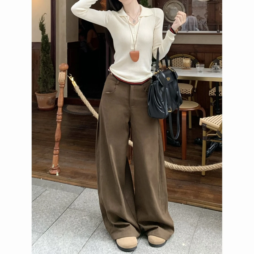 秋季茶卡百搭阔腿侧褶A形设计感宽松显瘦休闲长裤纯色时尚