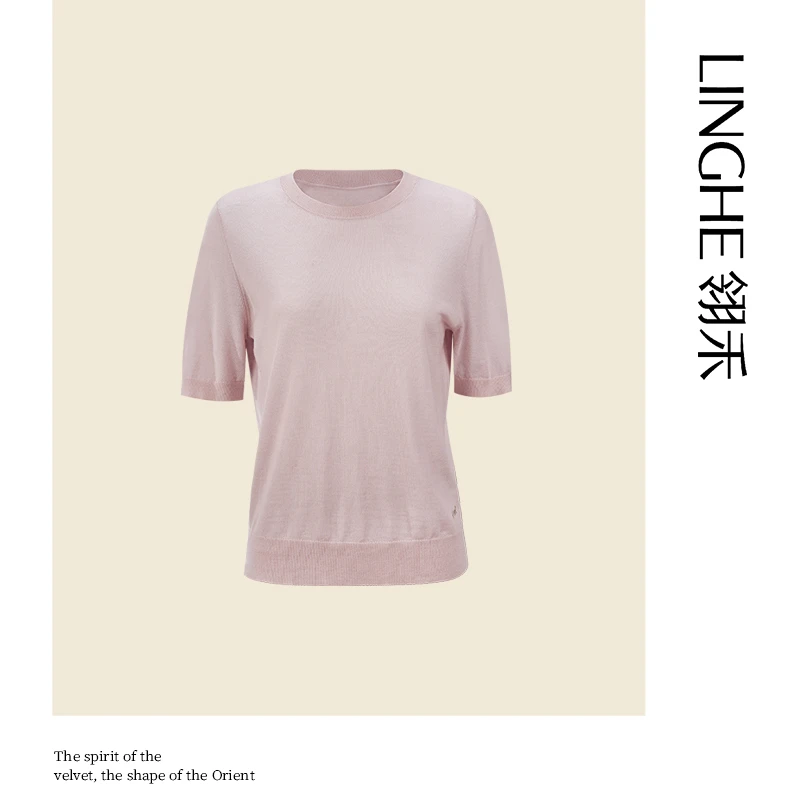 翎禾LINGHE-圆领短袖套头衫绵羊毛休闲时尚针织百搭半袖简约