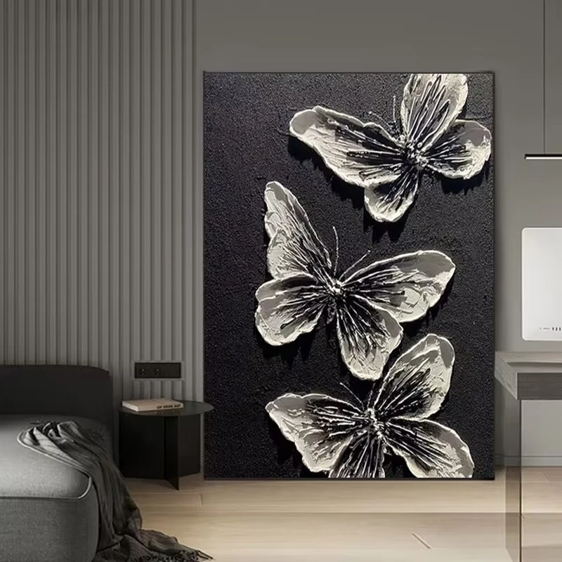 手工砂岩黑白蝴蝶抽象肌理感装饰画客厅玄关立体挂画轻奢质感Y01
