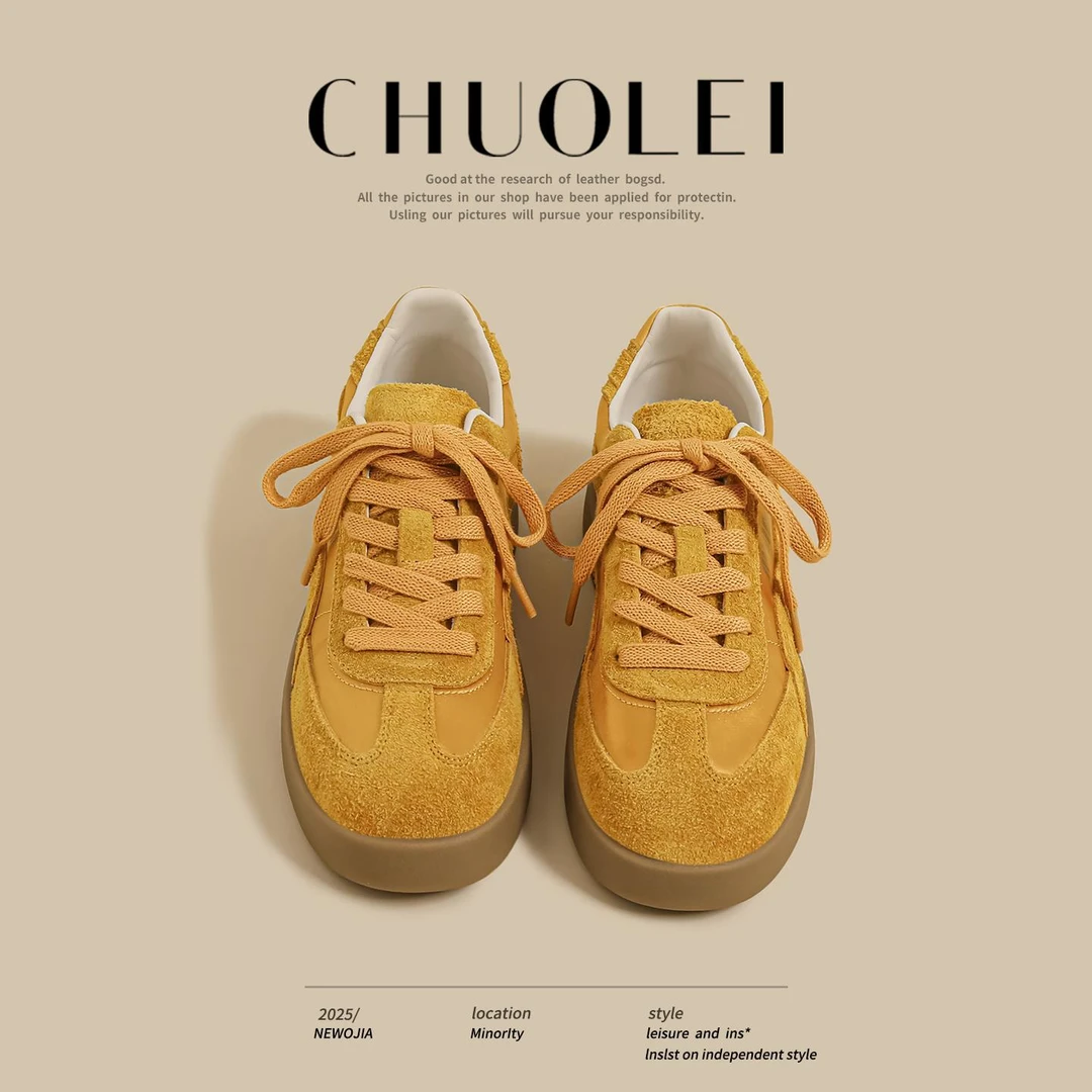 黄色德训鞋女2025夏季新款厚底复古透气外穿阿甘休闲运动老爹板鞋