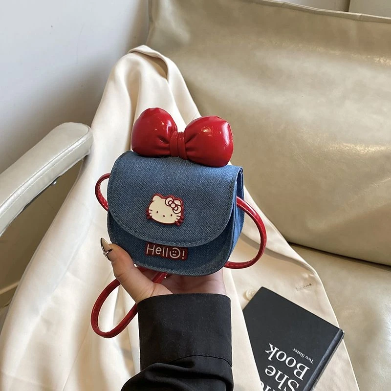 新款蝴蝶结斜挎包儿童可爱迷你零钱马鞍包女童牛仔布单肩包TKH