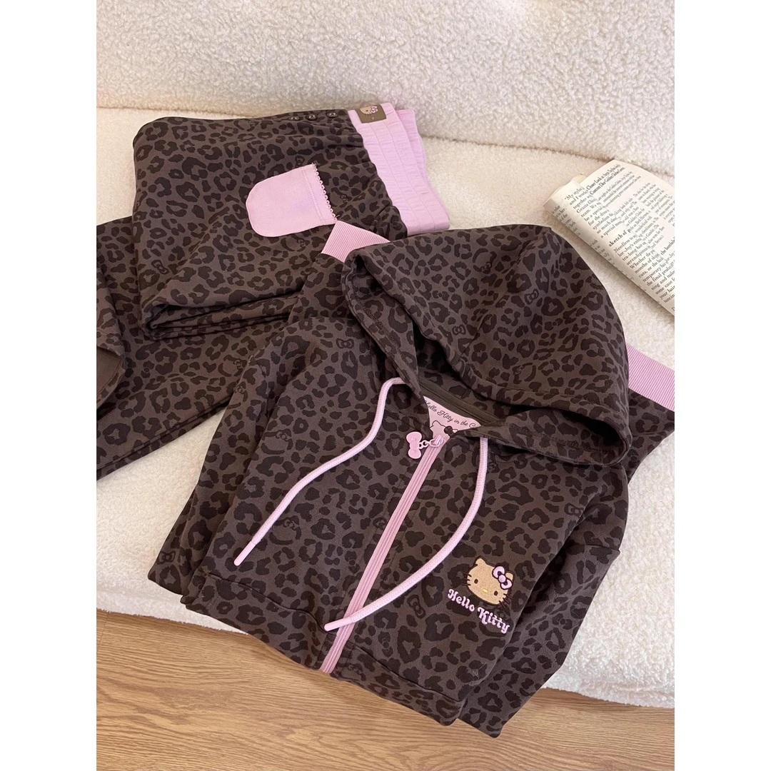 春秋季新款甜酷豹纹Kitty猫连帽卫衣女长裤家居服睡衣套装可外穿