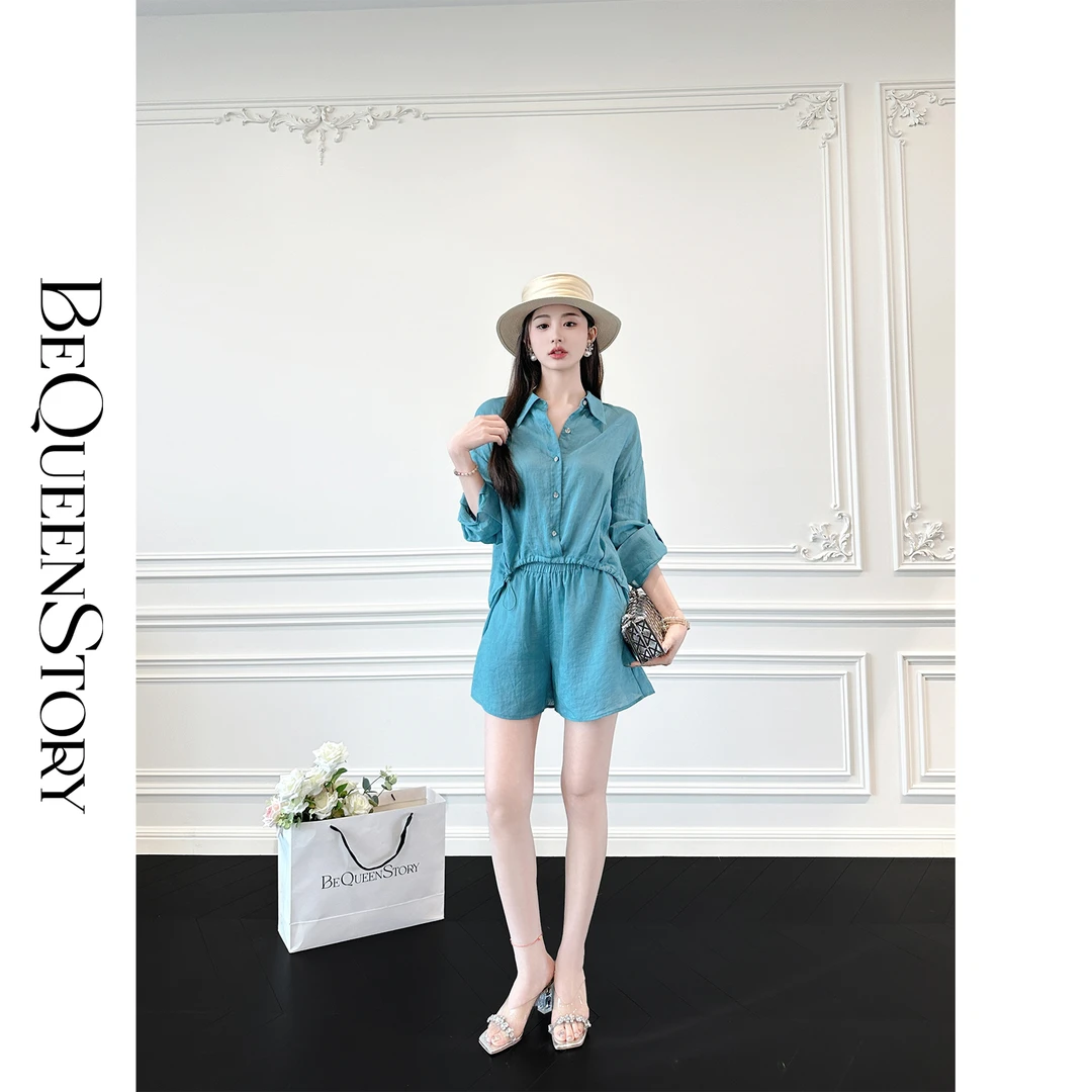 余潇潇【随性腔调】高级感苎麻衬衫&A字短裤欧若风套装2025