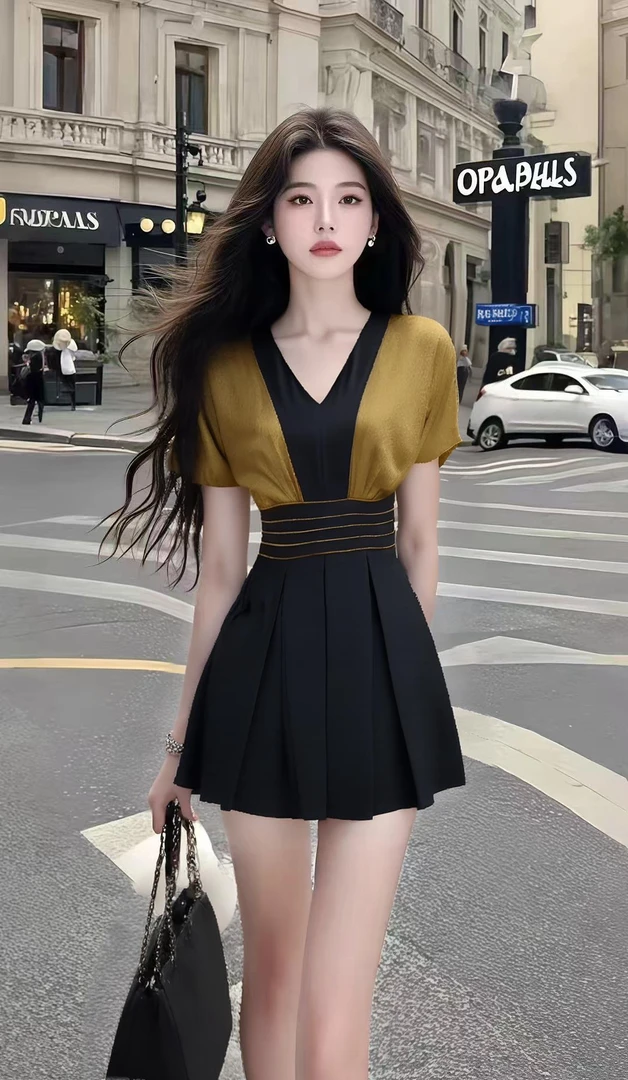 新款时尚温柔知性风V领设计感短袖收腰连衣裙女显瘦百搭高端大气