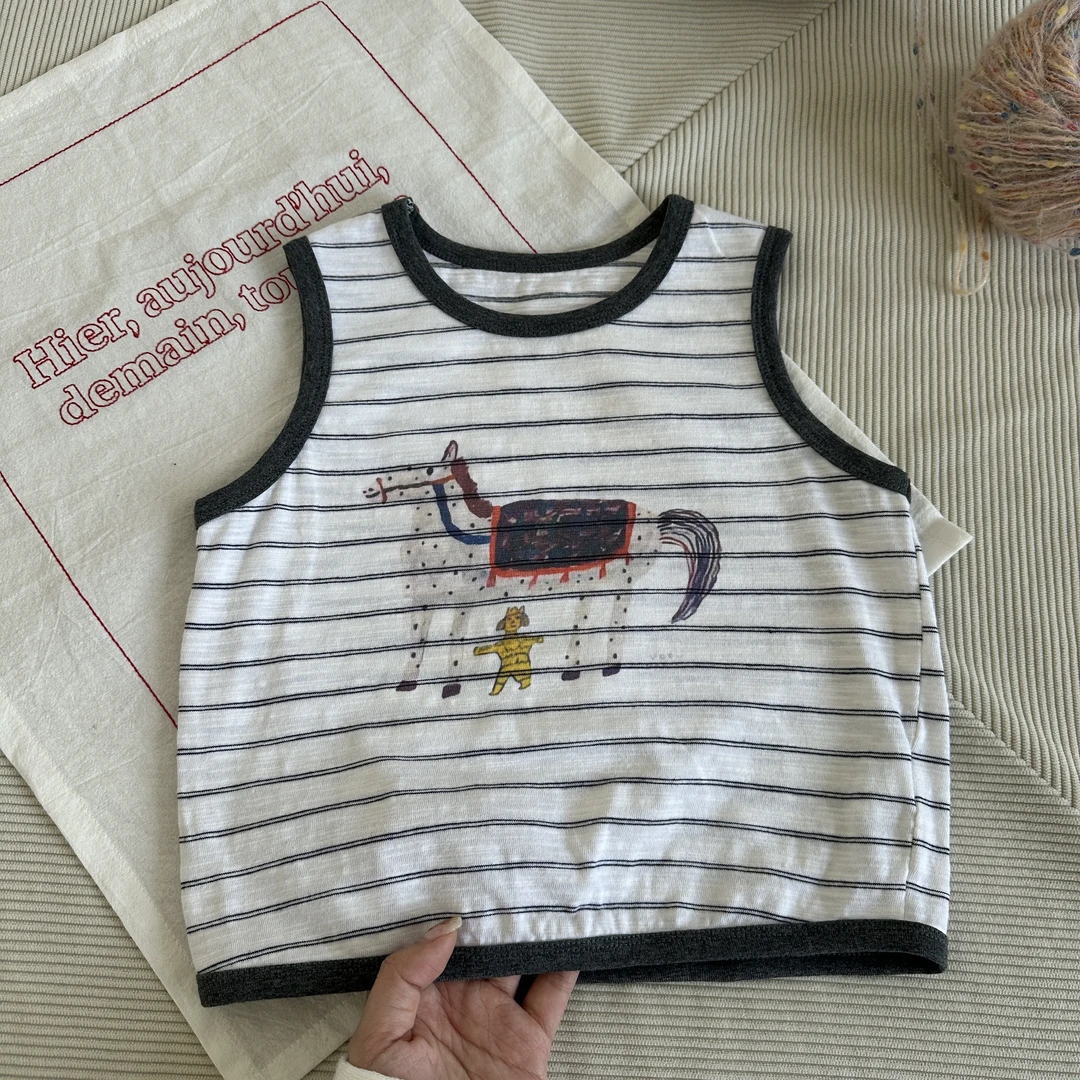 CS028-童装儿童条纹卡通背心上衣男童宝宝薄可爱T恤短袖中小童棉