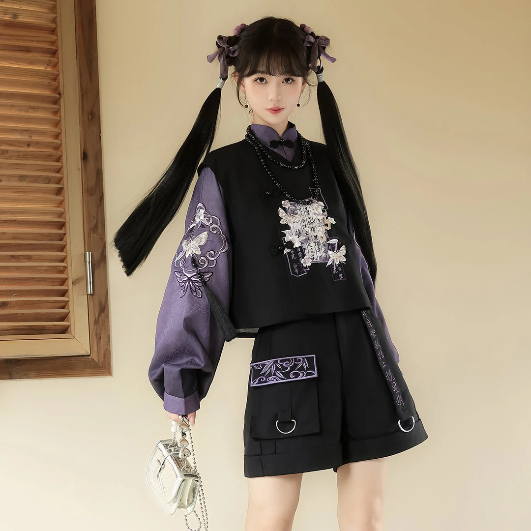 锦慕砚墨引新中式国风少女马甲琵琶袖立领上衣短裤三件套装汉元素