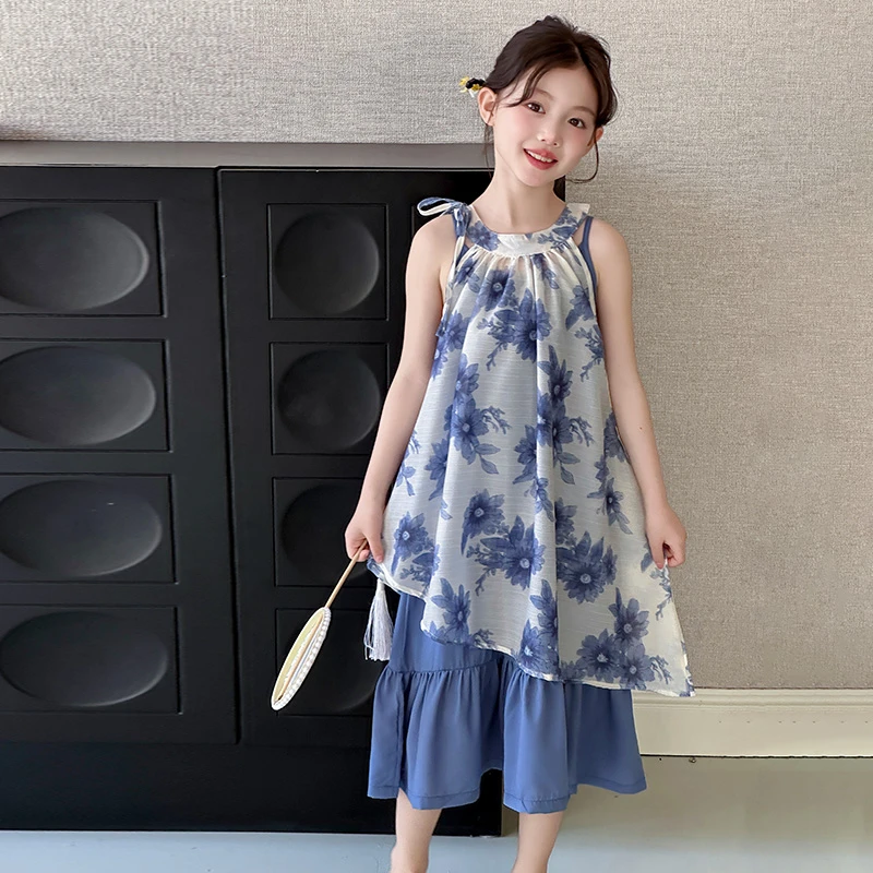 女童连衣裙夏季儿童吊带裙套装6-12岁女孩洋气夏装碎花裙子时髦潮