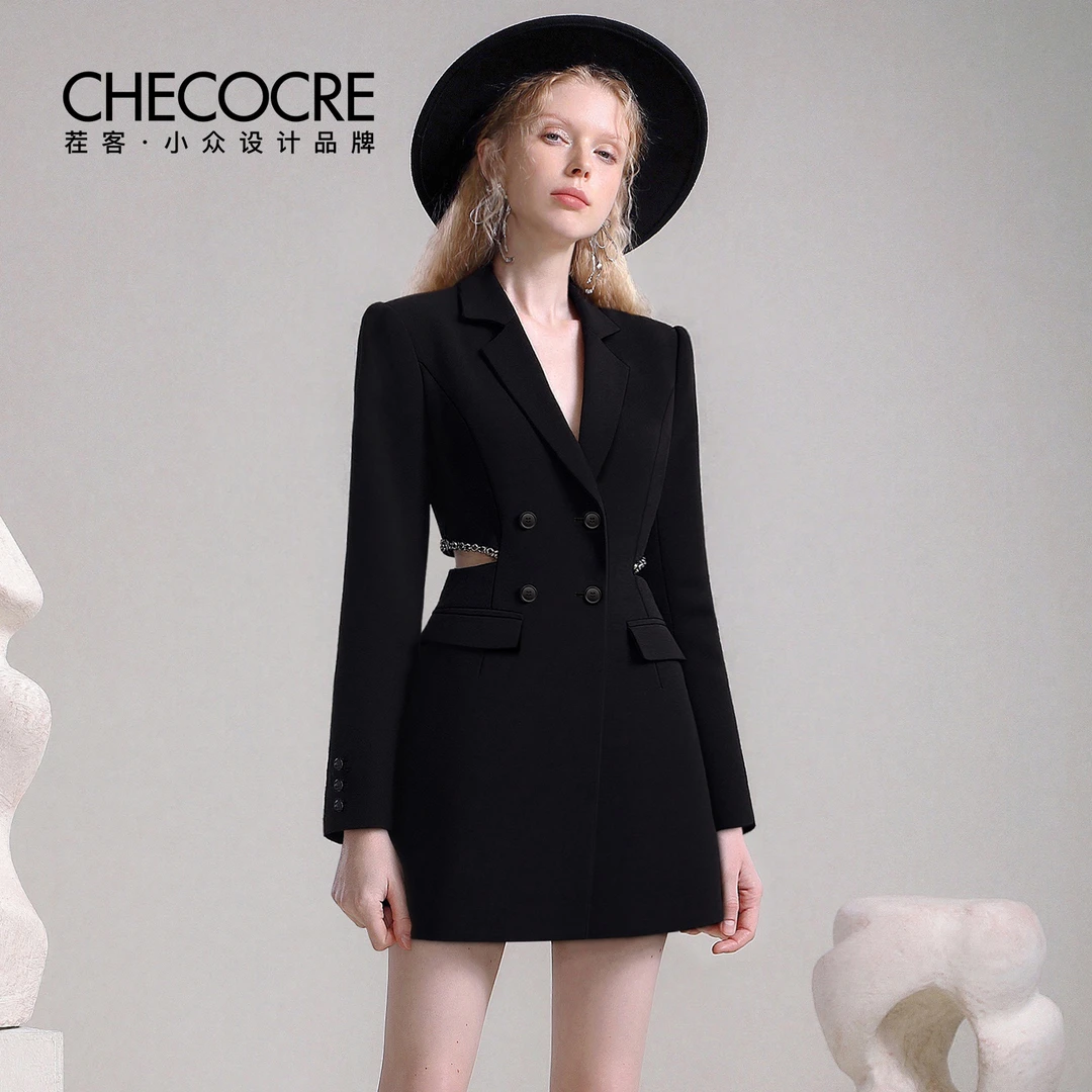 茬客【冷黑雨季】气质轻熟风西装裙腰部镂空X型外套连衣裙CM51081