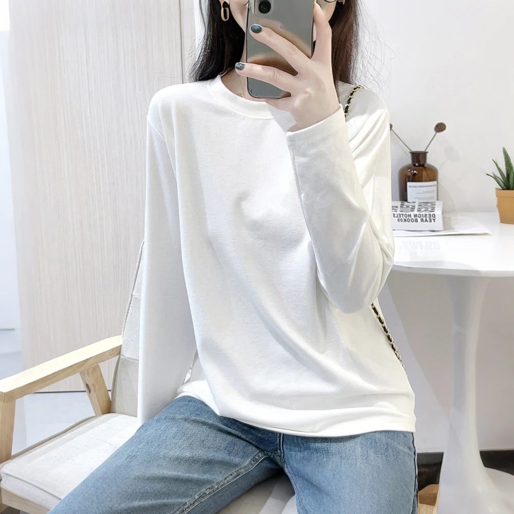 时尚简约纯色女装宽松圆领长袖双面磨毛德绒显瘦保暖秋冬新款T恤
