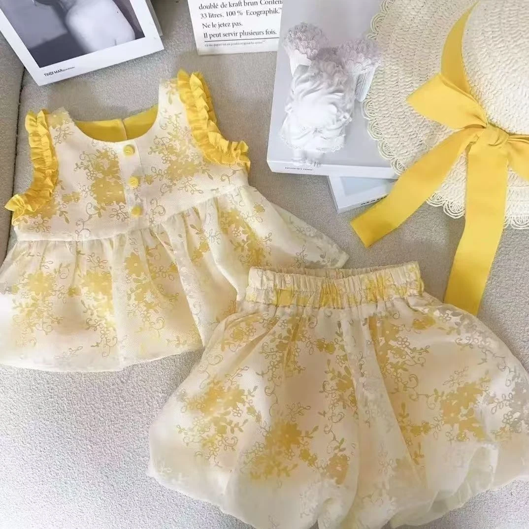 女童夏季套装2025新款清新公主风洋气宝宝无袖上衣短裤两件套爆款