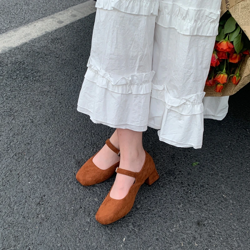 复古玛丽珍鞋女2025年春季法式绒面气质优雅配裙子方头粗跟单鞋百
