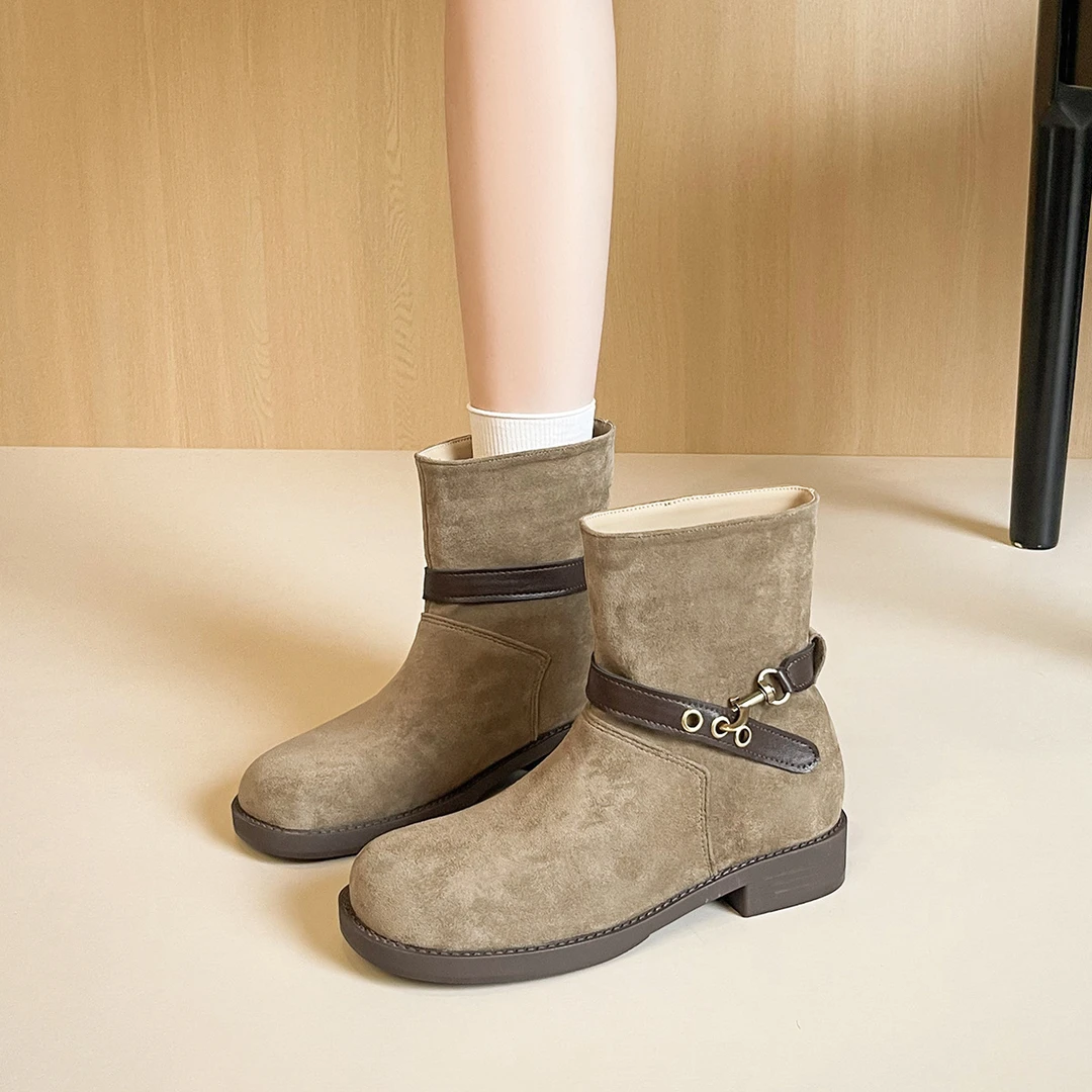 厚底皮带扣勃肯短靴女堆堆马丁靴套筒中筒靴磨砂绒面短靴女骑士靴