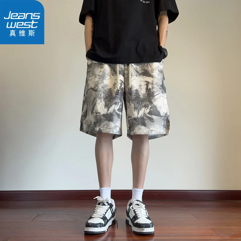 真维斯中式国风扎染水墨画工装短裤男夏季休闲宽松重磅五分裤潮牌
