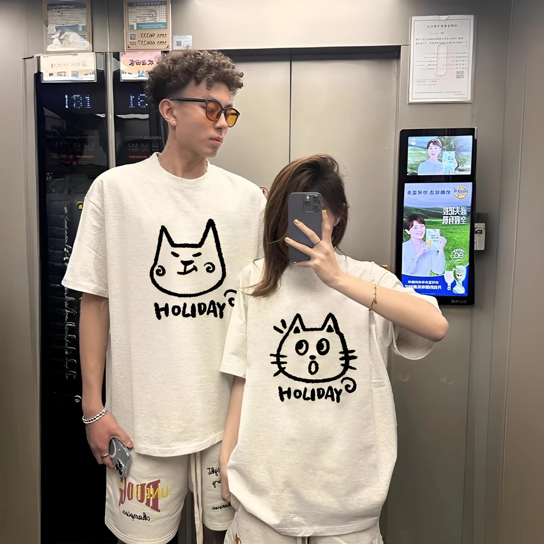 特别的情侣装白灰色纯棉T恤2025新款夏装猫咪印花oversize 上衣女